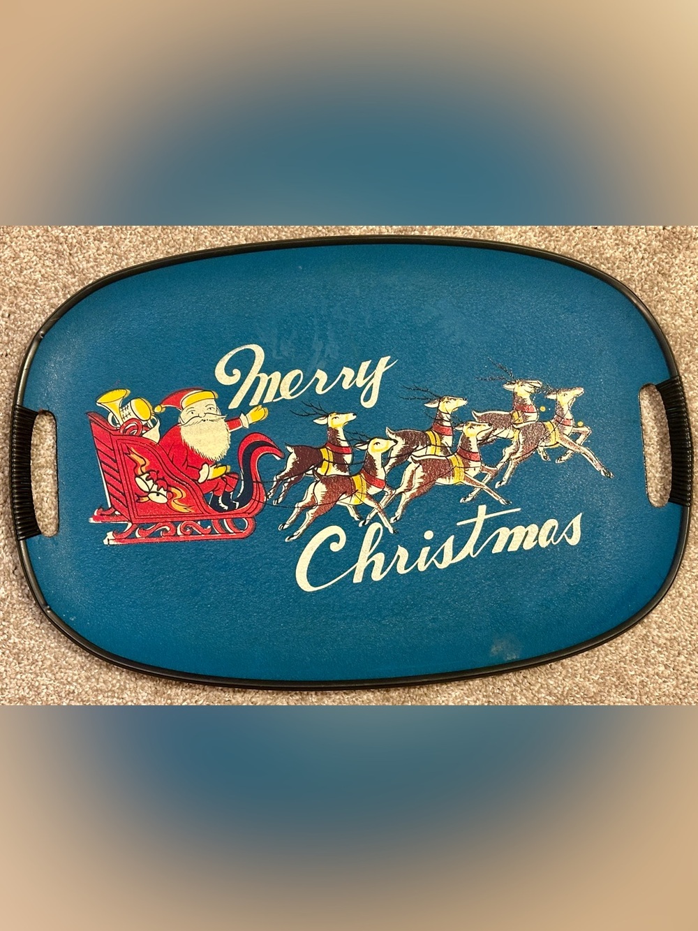 Vintage Holmar Christmas Tray 1950s Teal Blue Santa Claus Reindeer Sleigh Japan